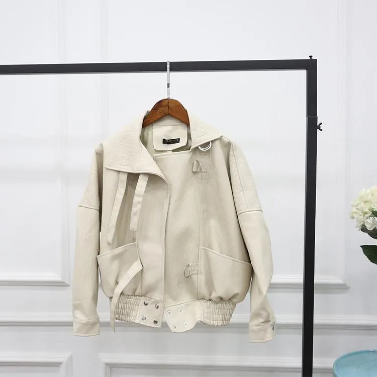 FTLZZ New Fashion Street Faux Leather Jacket Women Casual Loose Batwing Sleeve Washed Pu Leather Coat Biker Jackets