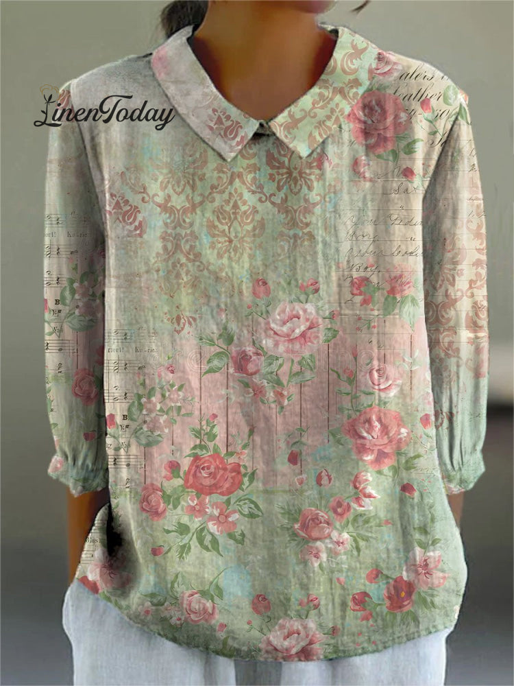 Women&rsquo;s Retro Floral Art Print Casual Cotton And Linen 3/4 Sleeve Shirt Multicolor / S