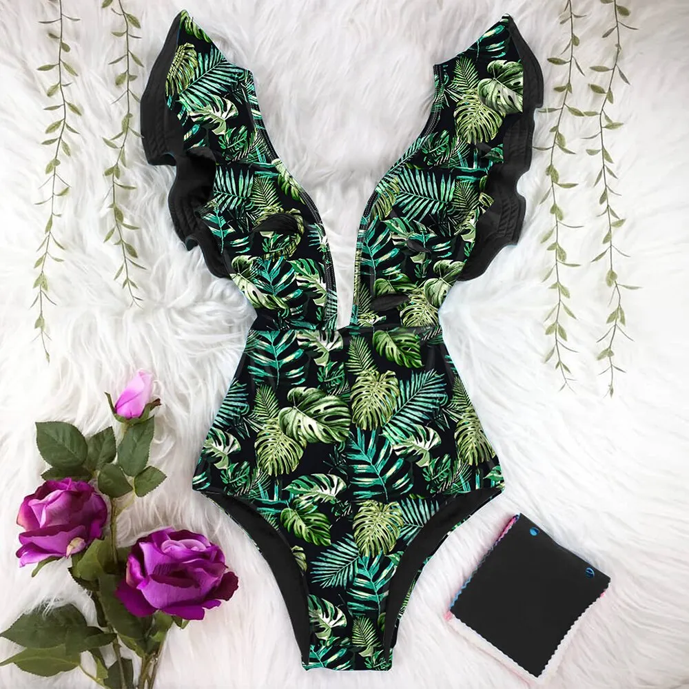 2022 New Sexy Ruffle Print Floral One Piece Strappy Slimming Swimwear Women Swimsuit Deep-V Bathing Suit Beach Wear Monkini