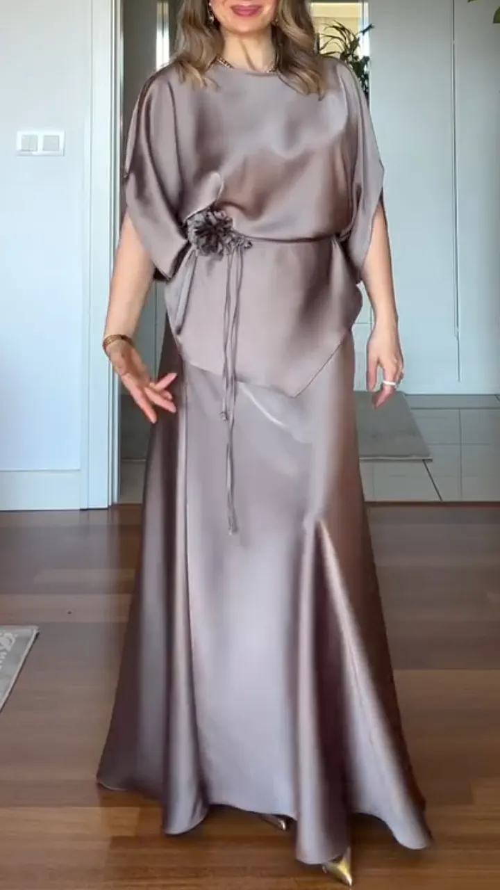 Women's Round Neck Satin Waist-Cinching Elegant Suit