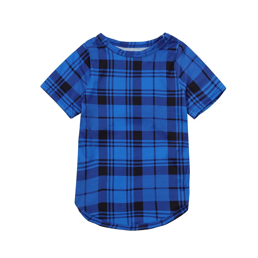 "Merry Christmas" Text and Deer Print Blue & Black Plaid Long Sleeve Christmas Family Matching Pajamas