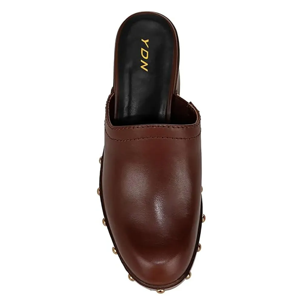 Women's Brown Round Toe Studded Block Heel Platform Mules Shoes