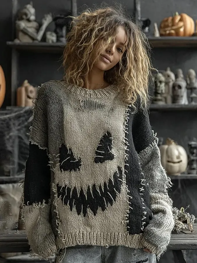 Women's Halloween Spooky Face Contrast Stitched Cozy Knit Sweater 
