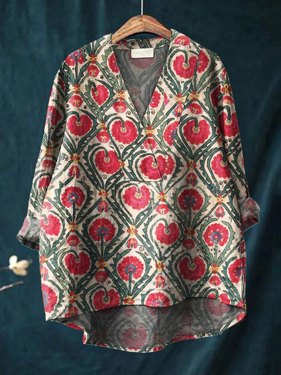 Women's  Flower Art Print Casual Cotton And Linen V-neck Shirt