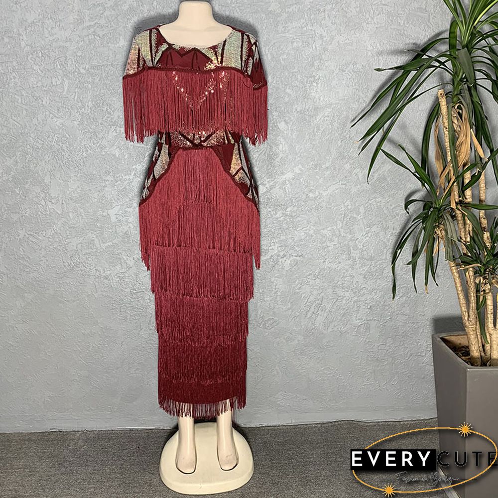 Women Summer Sexy Fringed Embellished Bodycon Celebrity Evening Dress Short Sleeve Fringe Tassel Club Party Dress Vestidos