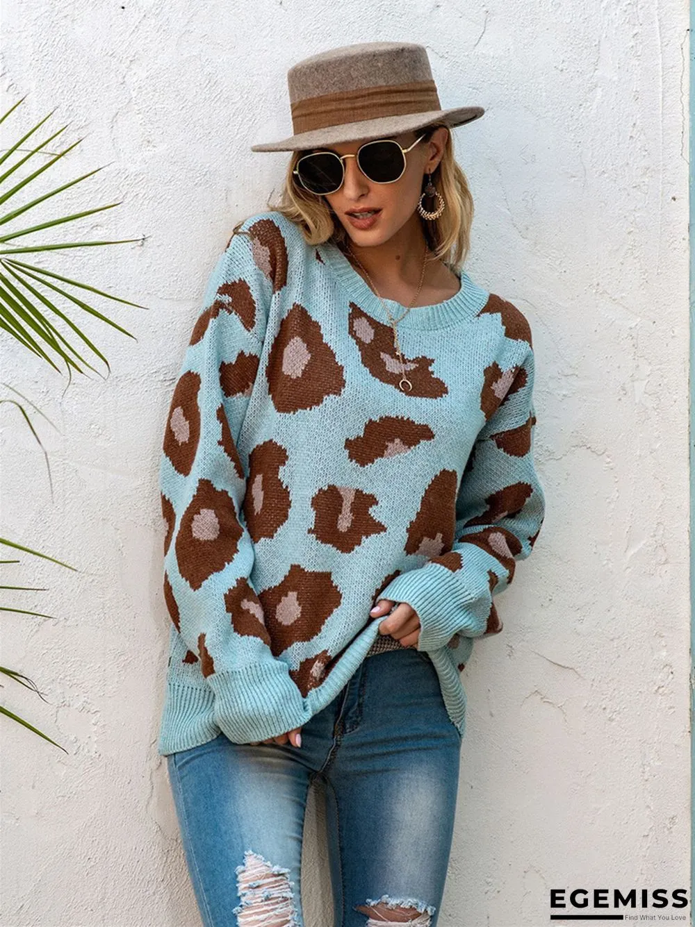 Leopard Round Neck Loose Knit Pullover Sweater | EGEMISS