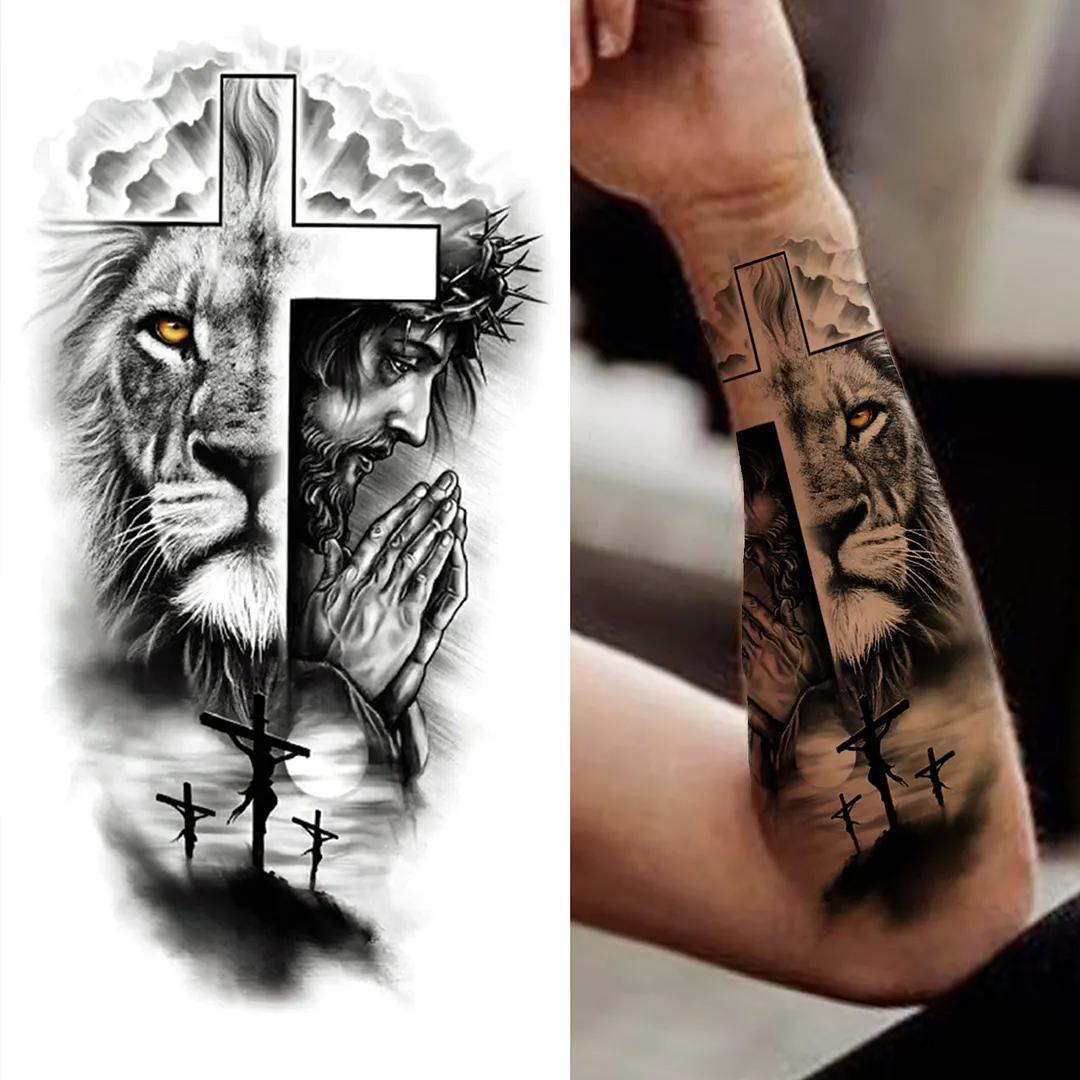 Sdrawing King Crown Temporary Tattoos For Women Men Adult Black Tiger Forest Skull Tattoo Sticker Fake Skeleton Fashion Tatoo Flower
