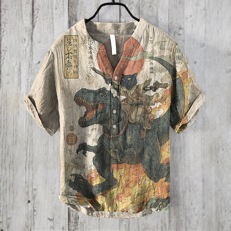 Men's  Japanese Ukiyo-e Art  Warrior White Cats Riding Dinosaur To Fight Art Print Short Sleeve Shirt