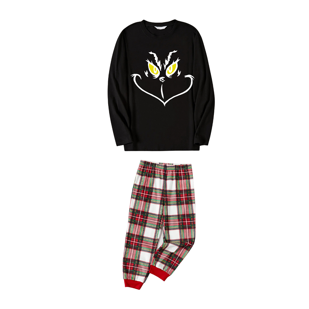 Christmas Cartoon Face Print Black Long Sleeve Top with Red & White & Green Plaid Family Matching Pajamas