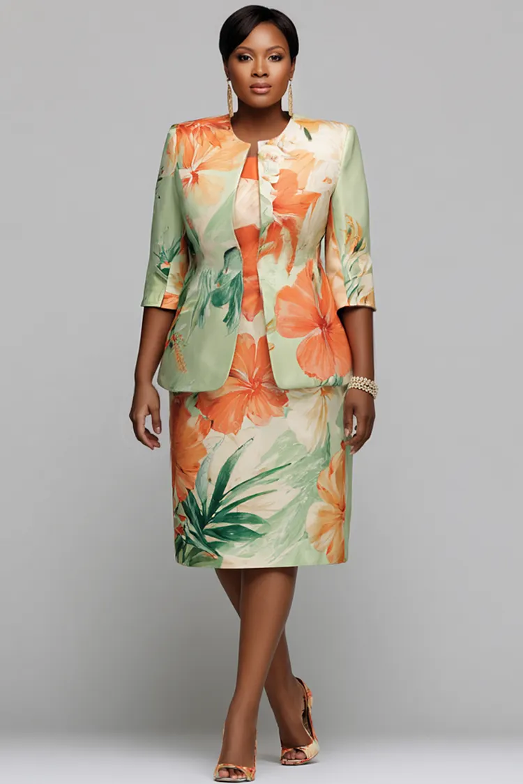 Xpluswear Design Plus Size Churchs Multicolor Floral Round Neck 3/4 Sleeve Split Satin Two Piece Dress Set 2024 - Xpluswear