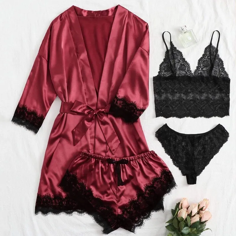 Churchf 2021 New Ladies Pajamas Four-Piece Sexy Sling Skirt Set Home Lace Pajamas Set