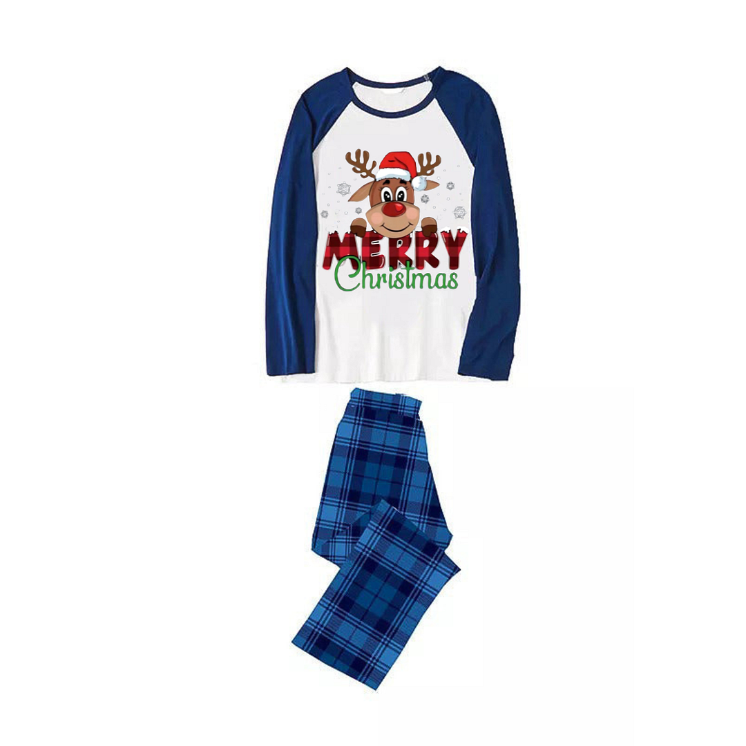 "Merry Christmas" Text and Deer Print Blue & Black Plaid Long Sleeve Christmas Family Matching Pajamas