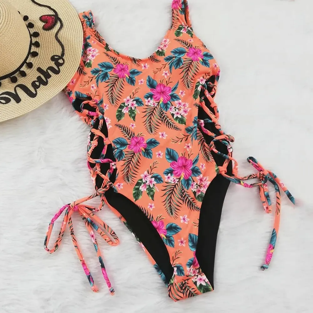 2022 New Sexy Ruffle Print Floral One Piece Strappy Slimming Swimwear Women Swimsuit Deep-V Bathing Suit Beach Wear Monkini