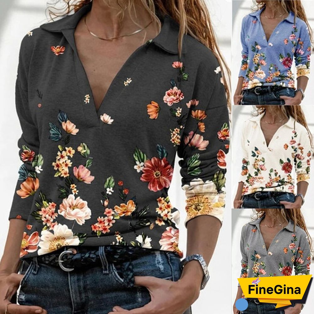 Spring Casual Floral Printed Tops Women Fashion Stand Collar Long Sleeve Shirt Pullover Slim Fit Blouses Size S-2XL