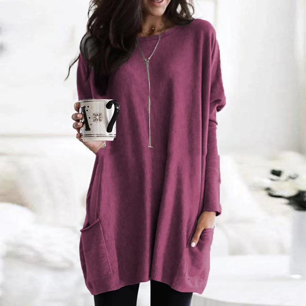 Brownm Autumn Pullover Casual Round Neck Long Sleeve Pocket T-shirt Top