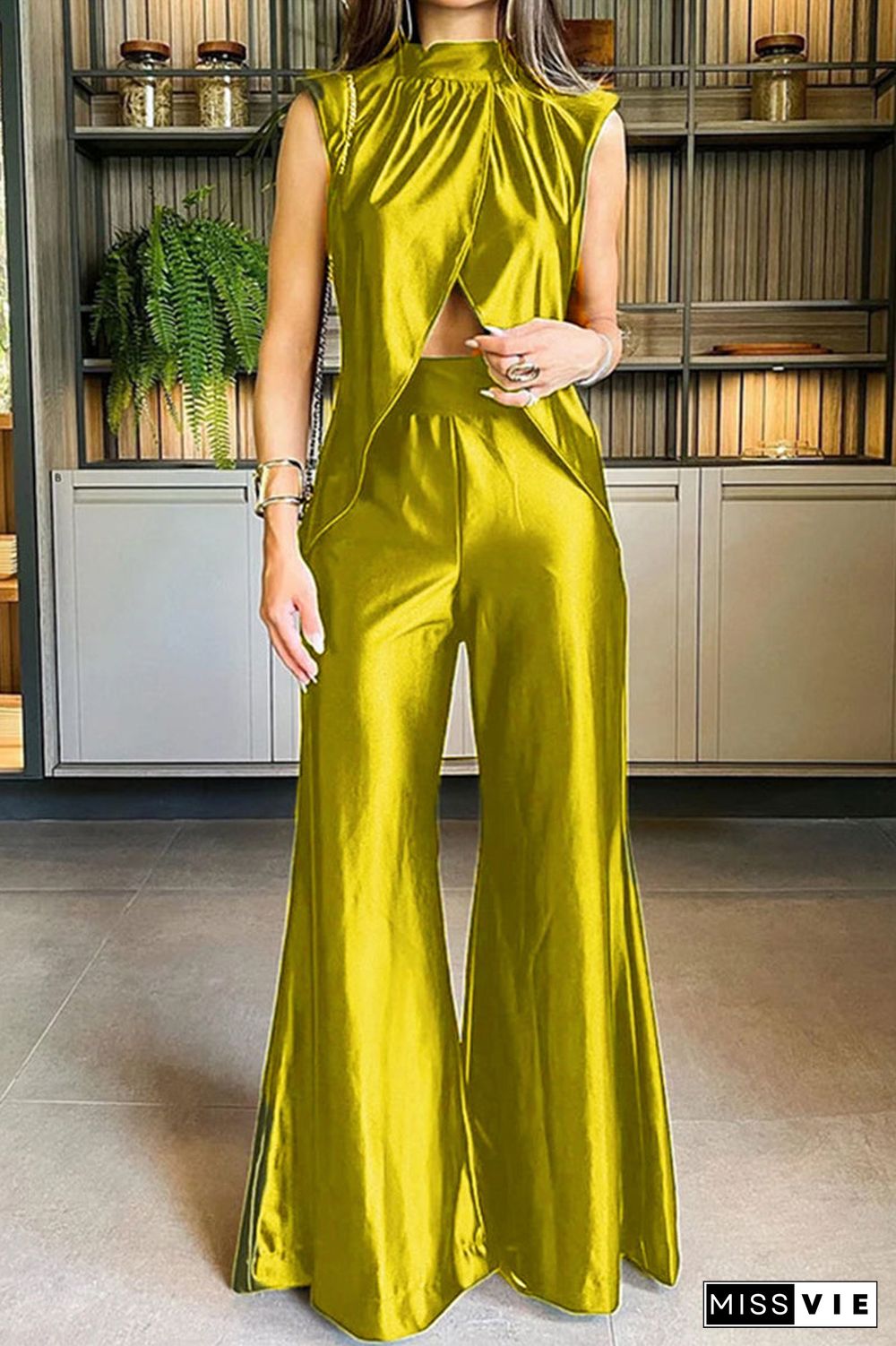 Casual Solid Asymmetrical Half A Turtleneck Sleeveless Two Pieces