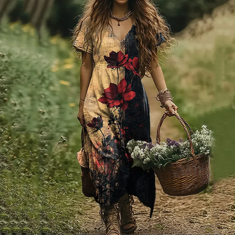 Women's Retro Rose Flower Art Print V-neck Linen Blend Midi Dress