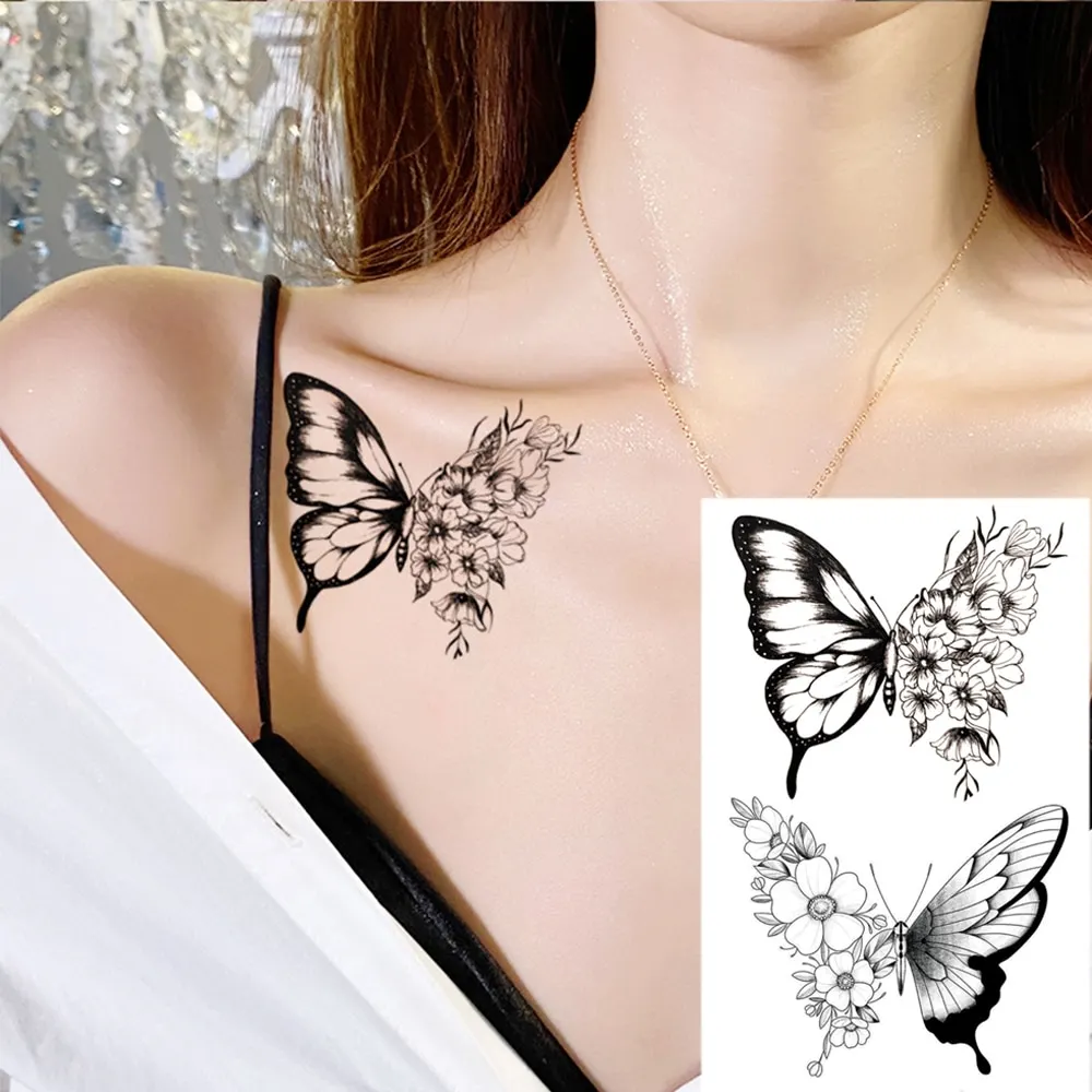 Sdrawing Temporary Tattoo Stickers Butterfly Snake Rose Flower Gun Dark Flash Small Women Body Art Wrist Neck Fake Tattoos Men
