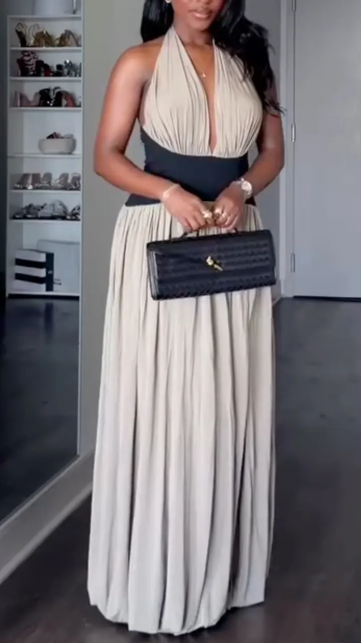 Beige Black Color Block Halter Neck Maxi Dress