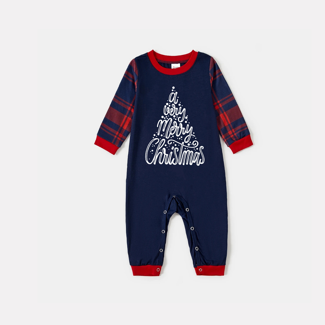 "A Very Merry Christmas" 2024 Blue Long Sleeve Top with Blue & Red Plaid Family Matching Pajamas