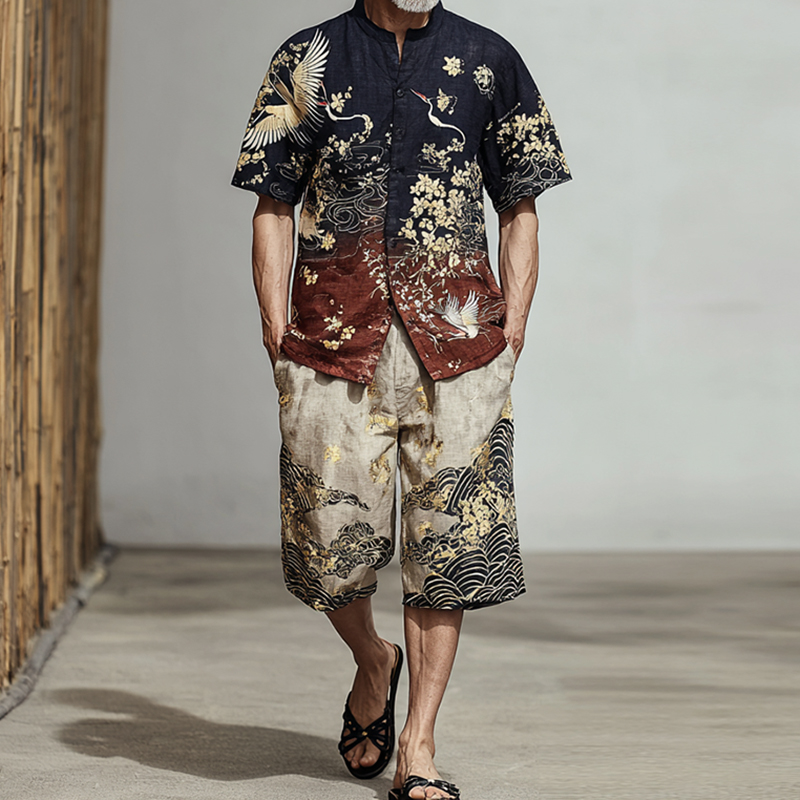 Comstylish Men's Japanese-style Patterned Color-blocked Two-piece Set