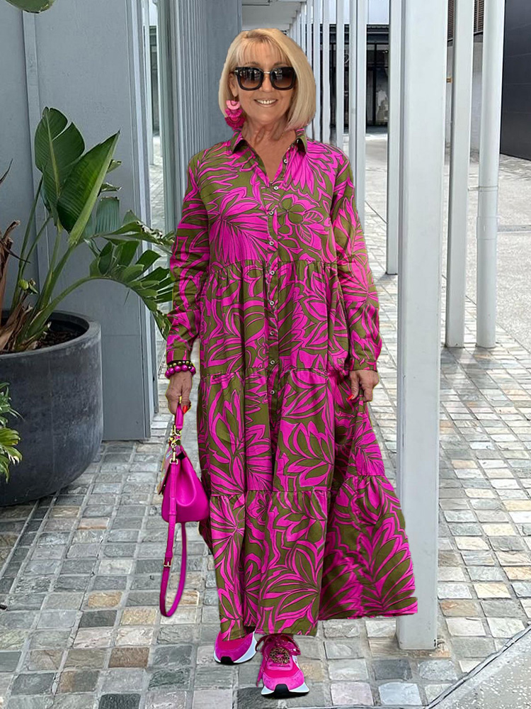 Floral Printed Button Shirt Dress Maxi Dress