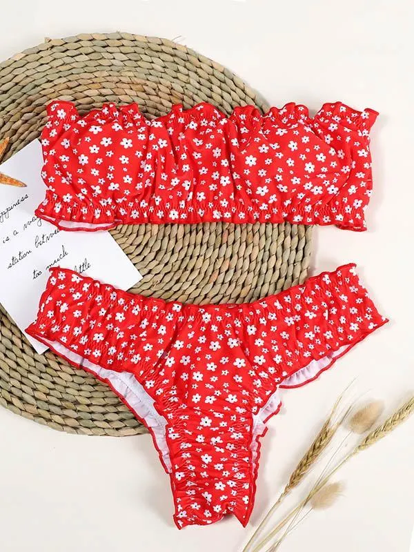 Floral-Print Ruffled Bandeau Split Bikini Swimsuit