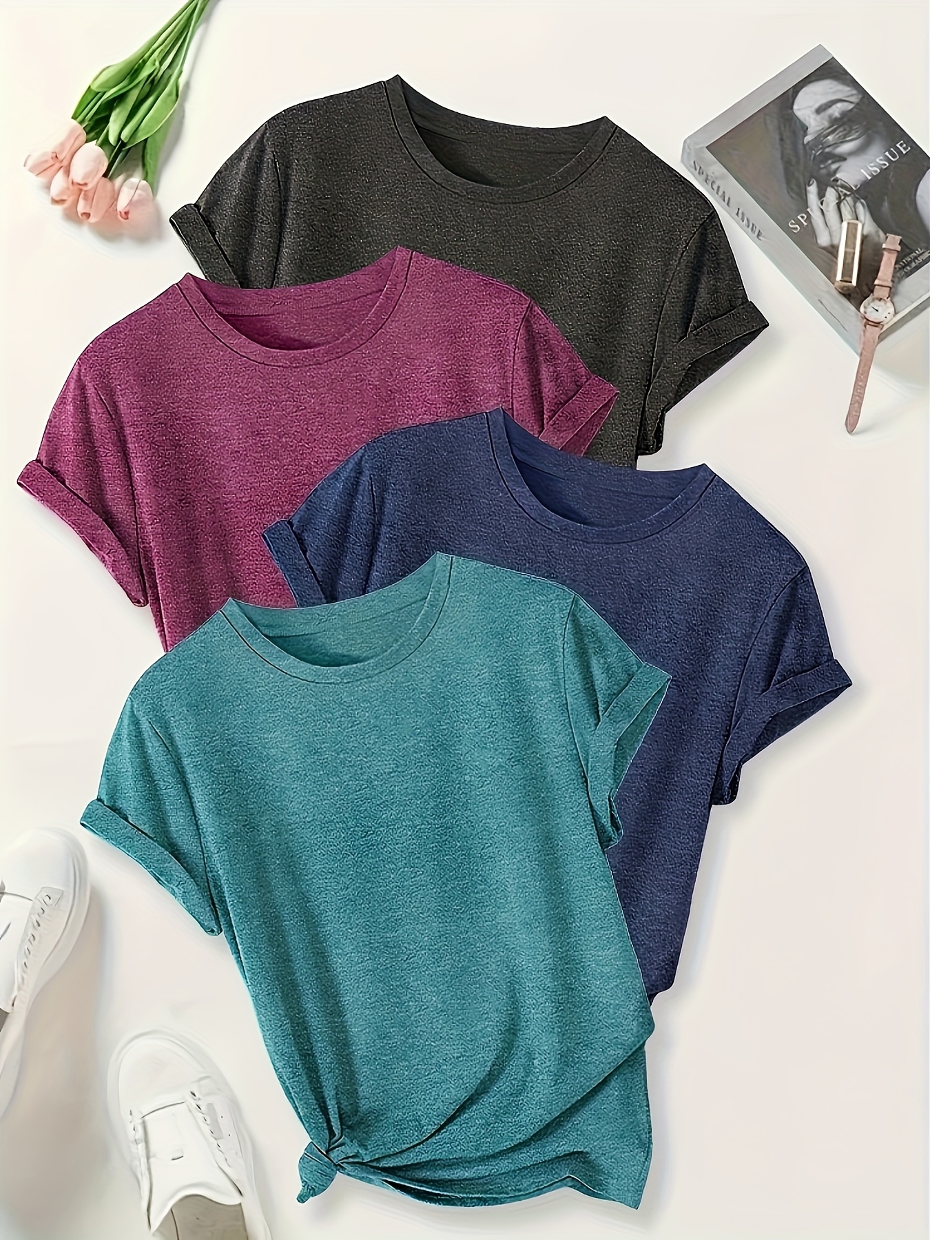 Women's 4pcs Short Sleeve T-Shirt Set - Soft And Lightweight Round Neck Top In Solid Burgundy, Dark Gray, Blue, Teal - Casual Versatile Outfit | IFYHOME