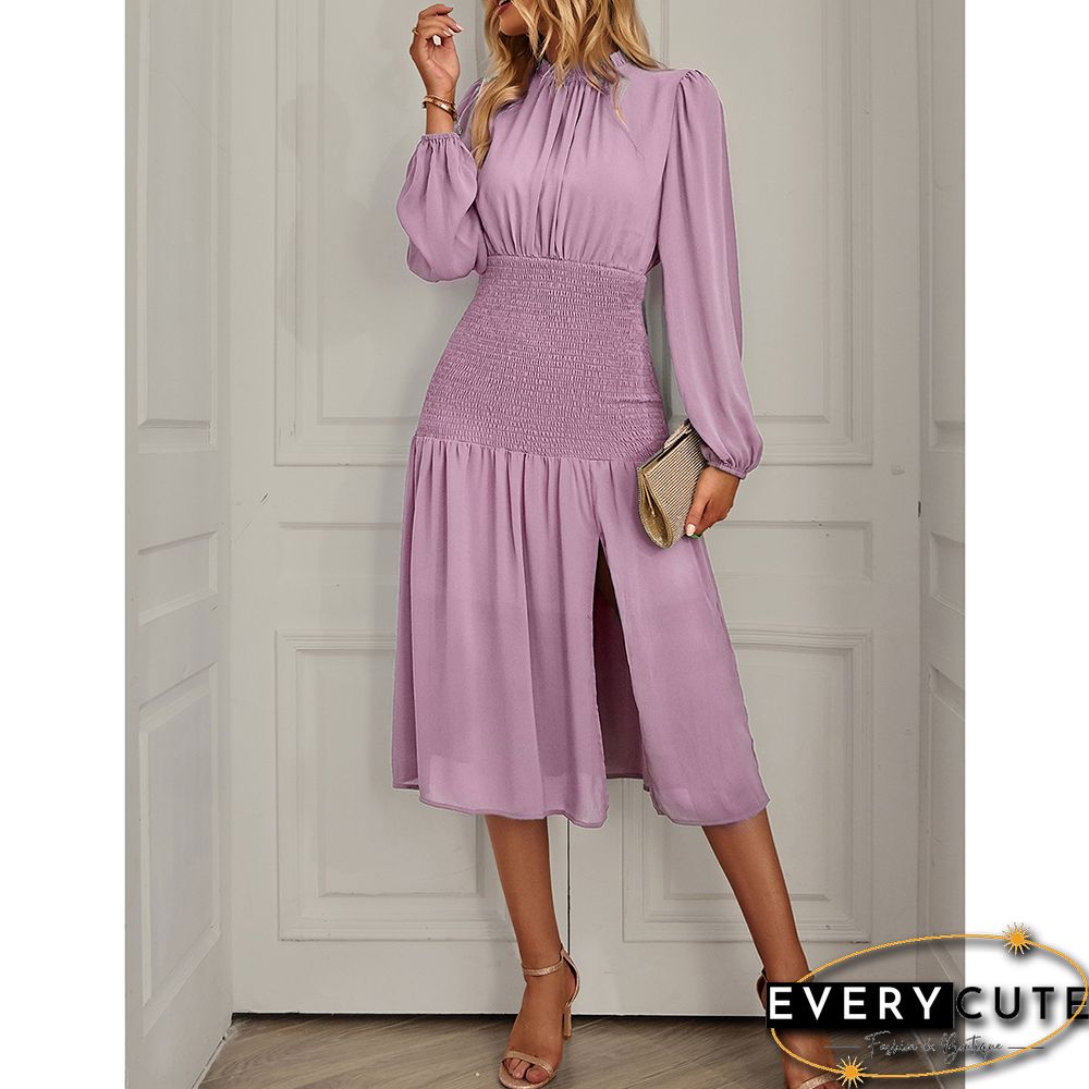 Pink Ruffle Detail Pleated Chiffon Midi Dress