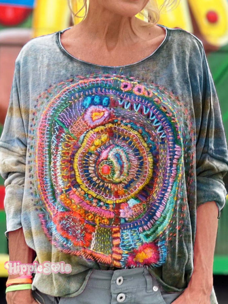 Women&rsquo;s Vintage Embroidered Floral Totem Art Print Casual Long Sleeve T-Shirt Multicolor / S