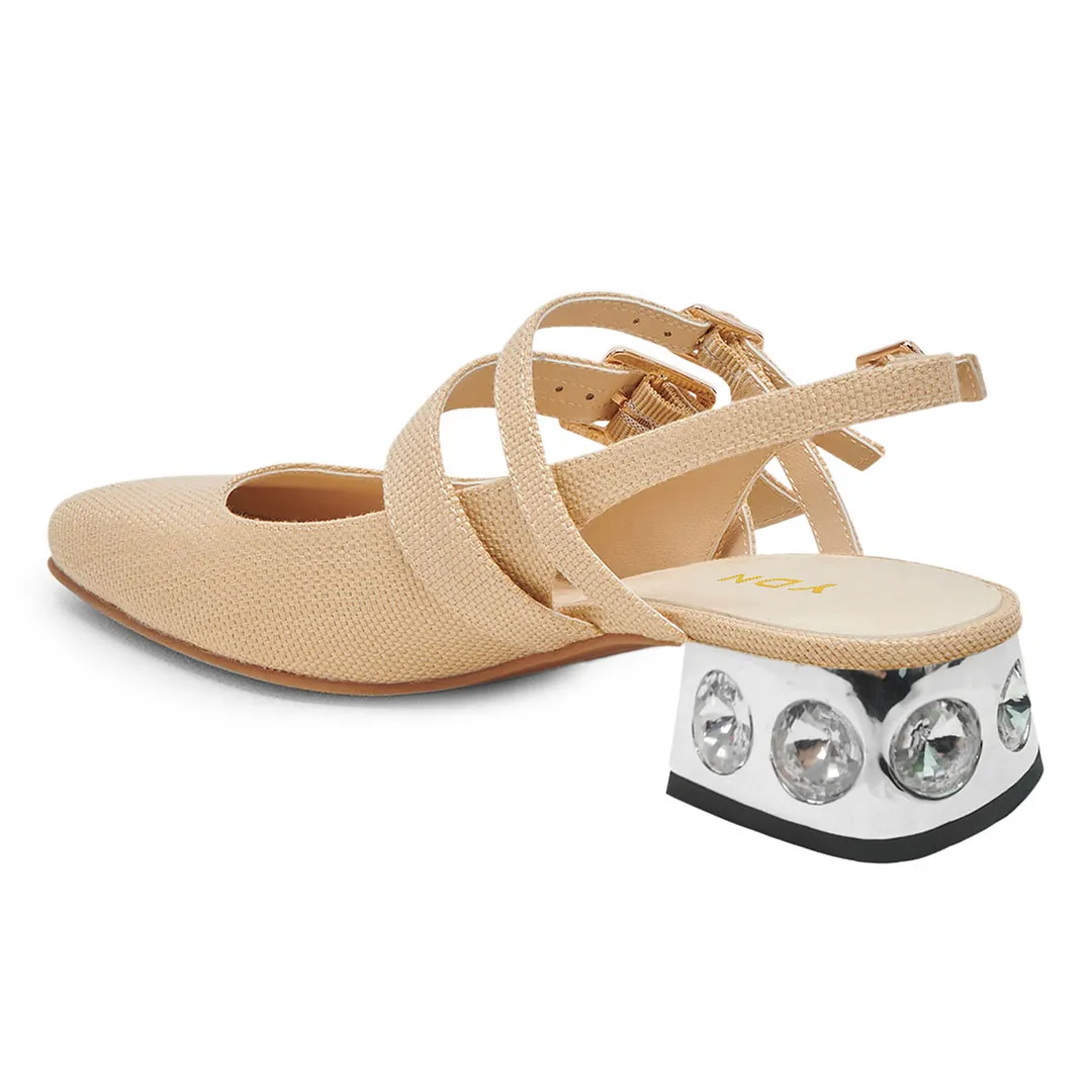 Vegan Leather Square Toe Woven Slingback Decorative Heel Nude Loafers