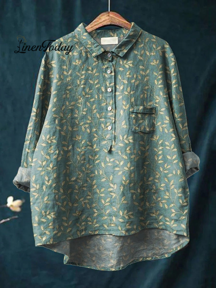 Women&rsquo;s Vintage Floral Art Print Casual Cotton And Linen Shirt Green / S