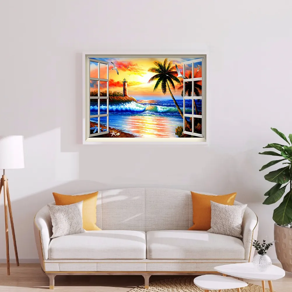 Diamond Painting - Full Round Drill - Sunset Window Beach(40*30cm)