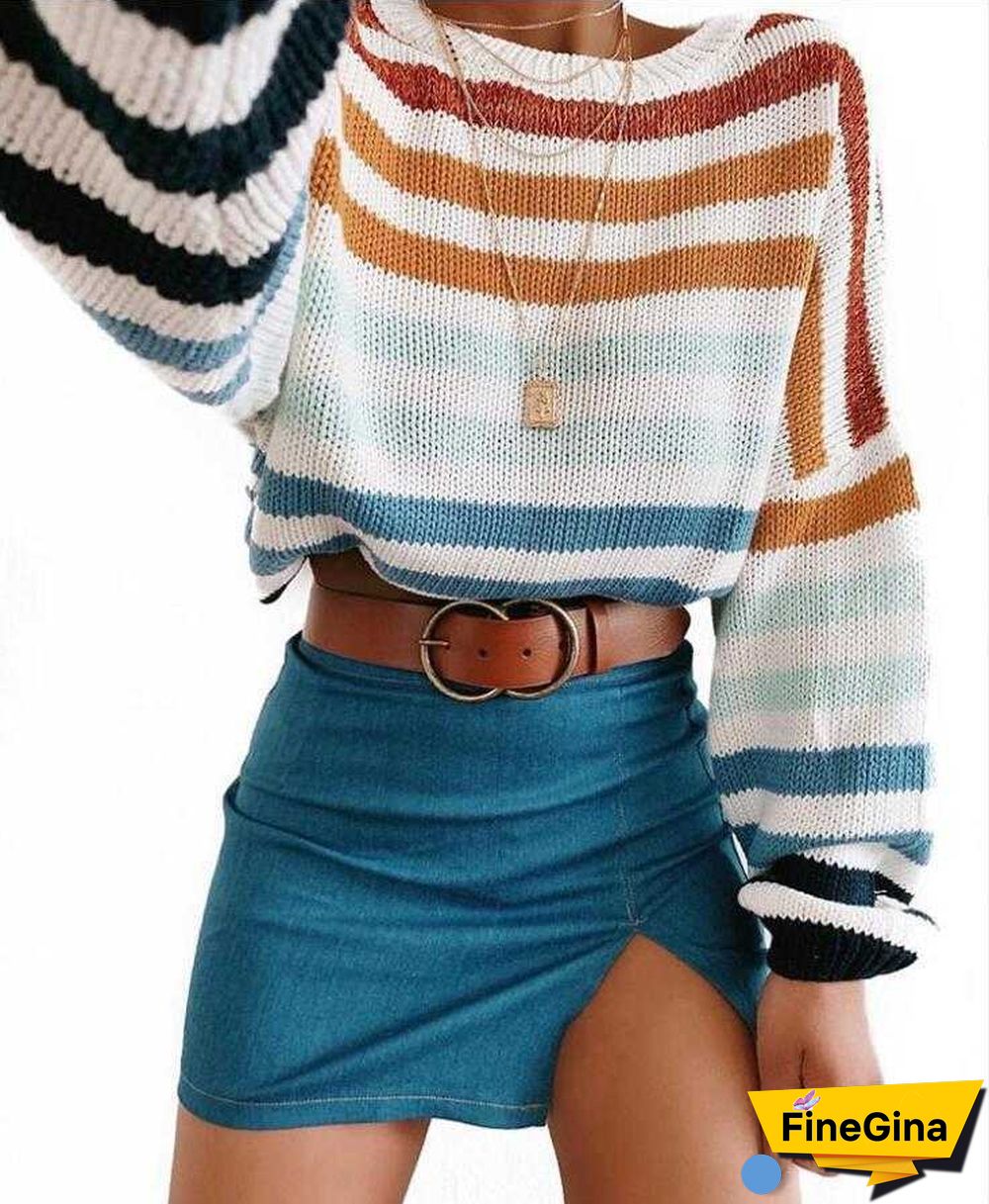 Blocked Colorful Stripes Cropped Turtleneck Sweater Long Sleeve