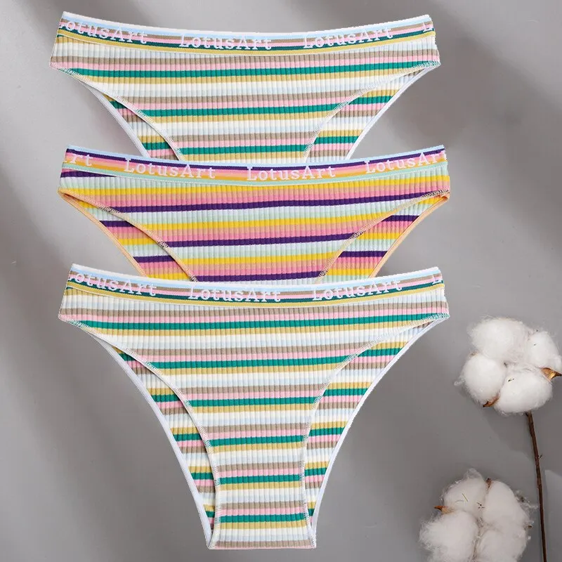 Billionm Women Cotton Colorful Stripe Panties Sexy Intimate Underwear Female Soft Solid Briefs Low Waist Underpant Soft Lingerie