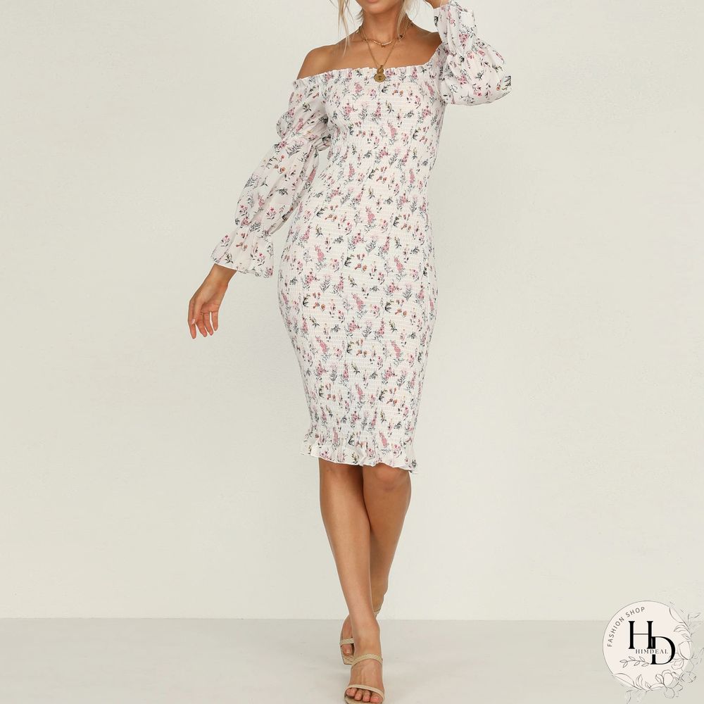 Fashion Strapless Printed Tight-Fitting Mid-Length Package Hip Skirt Spring And Summer Sweet Style