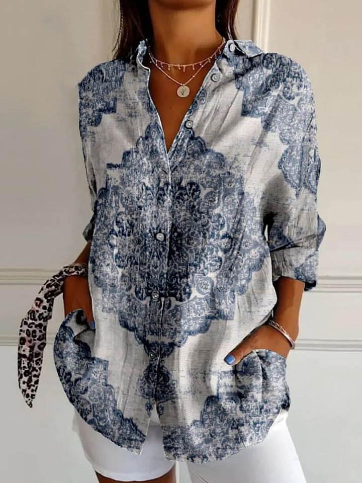 Retro Boho floral art print vintage chic V-neck button up long sleeve shirt
