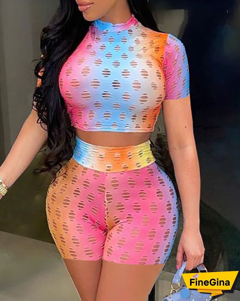 Colorblock Hollow Out Crop Top & Shorts Sets