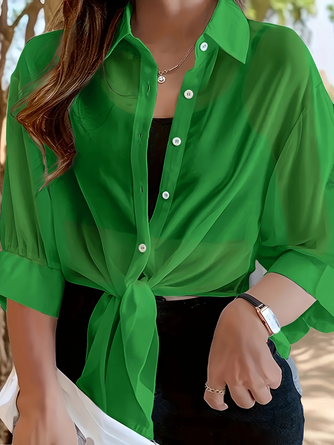 Plus Size Women's Lightweight Semi-Sheer Chiffon Shirt - Casual Beach Cover-Up With Front Tie Bow, Loose Fit Open Front Button-Up For Swimsuits & Dresses, Machine Washable Spring/Summer Tops, Summer Layering Piece, Foldover Collar, Elegant Ruching