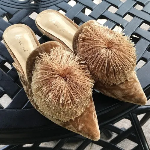 Muller Flat Pointed Slippers Furry Ball Baotou Slipper Tassel Lazy outside Holiday Slippers Women