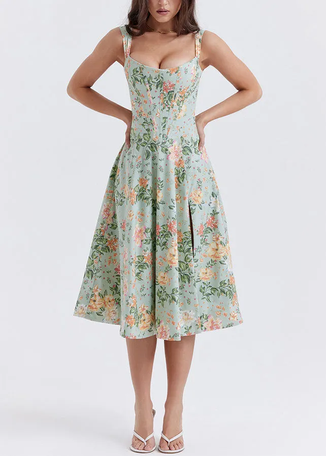 Women Green Print Side Open Lace Up Cotton Dresses Summer