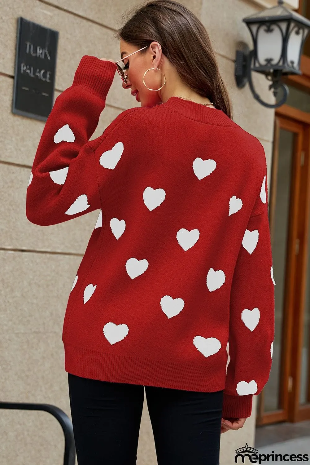 Heart Pattern Ribbed Trim Knit Sweater