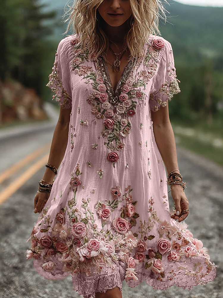 Vintage Floral Embroidery Short-sleeved Dress elevenforest