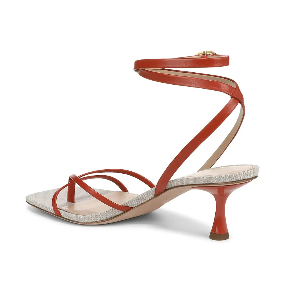 YDN Simple Open Square Toe Ankle Strap Low Heel Sandals in Red