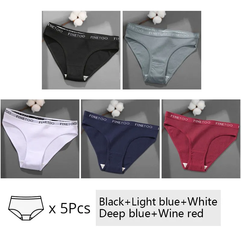 FINETOO 5Pcs/set Cotton Panties Women M-2XL Solid Color Letter Underwear Ladies Low Waist Briefs Plus Size Underpants Lingerie