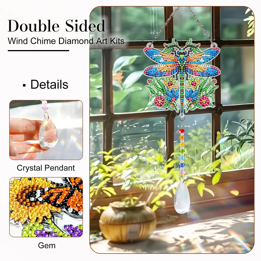 2Pcs Garden Dragonfly DIY Double-Sided Diamond Painting Hanging Kits Diamond Painting Suncatcher Craft Kit for Home Garden Wall Decor Gift