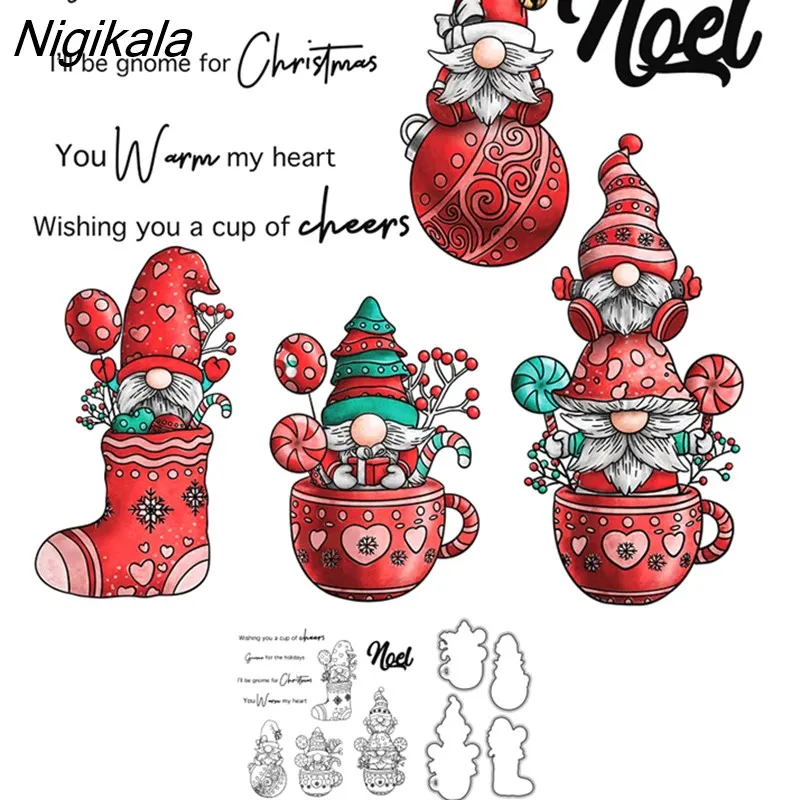 Nigikala Christmas Stockings And Gnome Clear Stamp Cutting Dies DIY Scrapbooking Metal Dies Silicone Stamps For Cards Decor