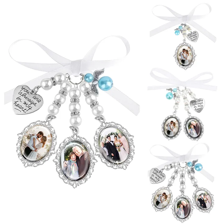 DYOART Custom Wedding Bouquet Photo Charms Personalized Bouquet Charms for Wedding Memory Gifts for Bride Bow Pearl   Photo Pins Keepsake