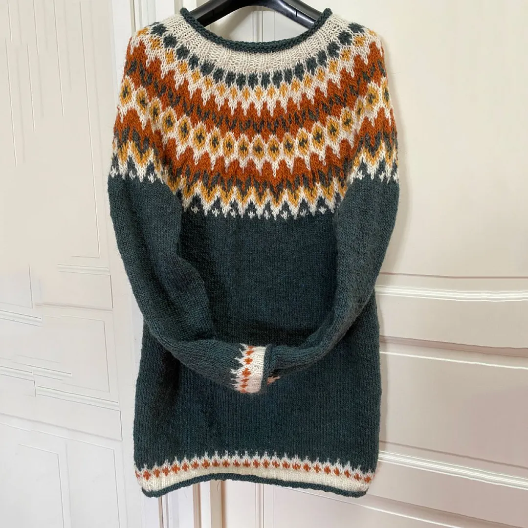 Unisex Vintage Icelandic Orange Knit Jacquard Warmth Crew Neck Sweater