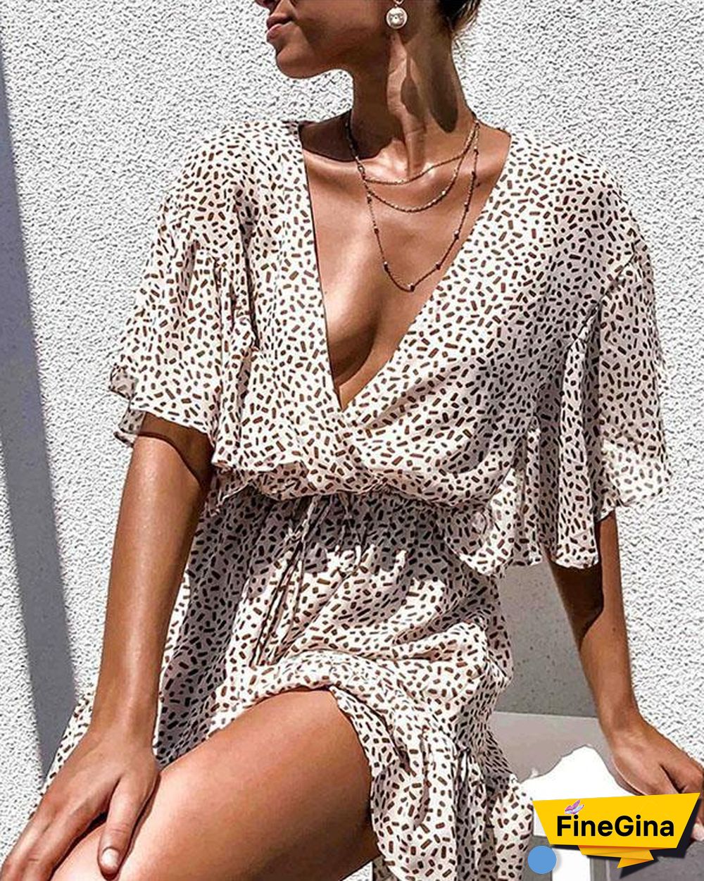 Sexy Elastic Waist Deep V-neck Ruffled Beach Dress